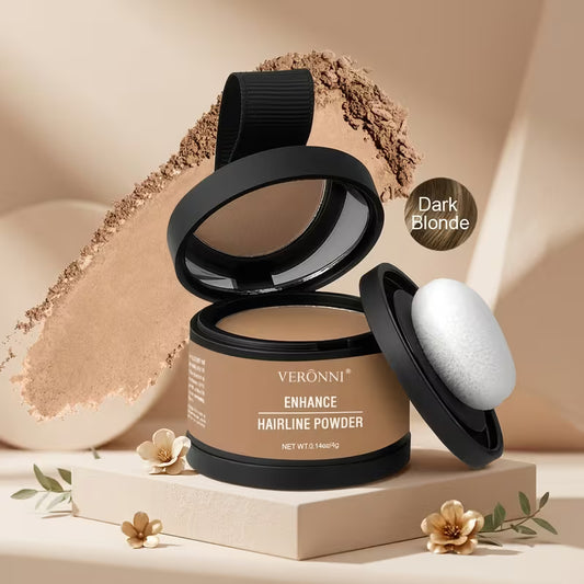 Open VERONNI hairline powder compact in Dark Blonde with built-in mirror and applicator